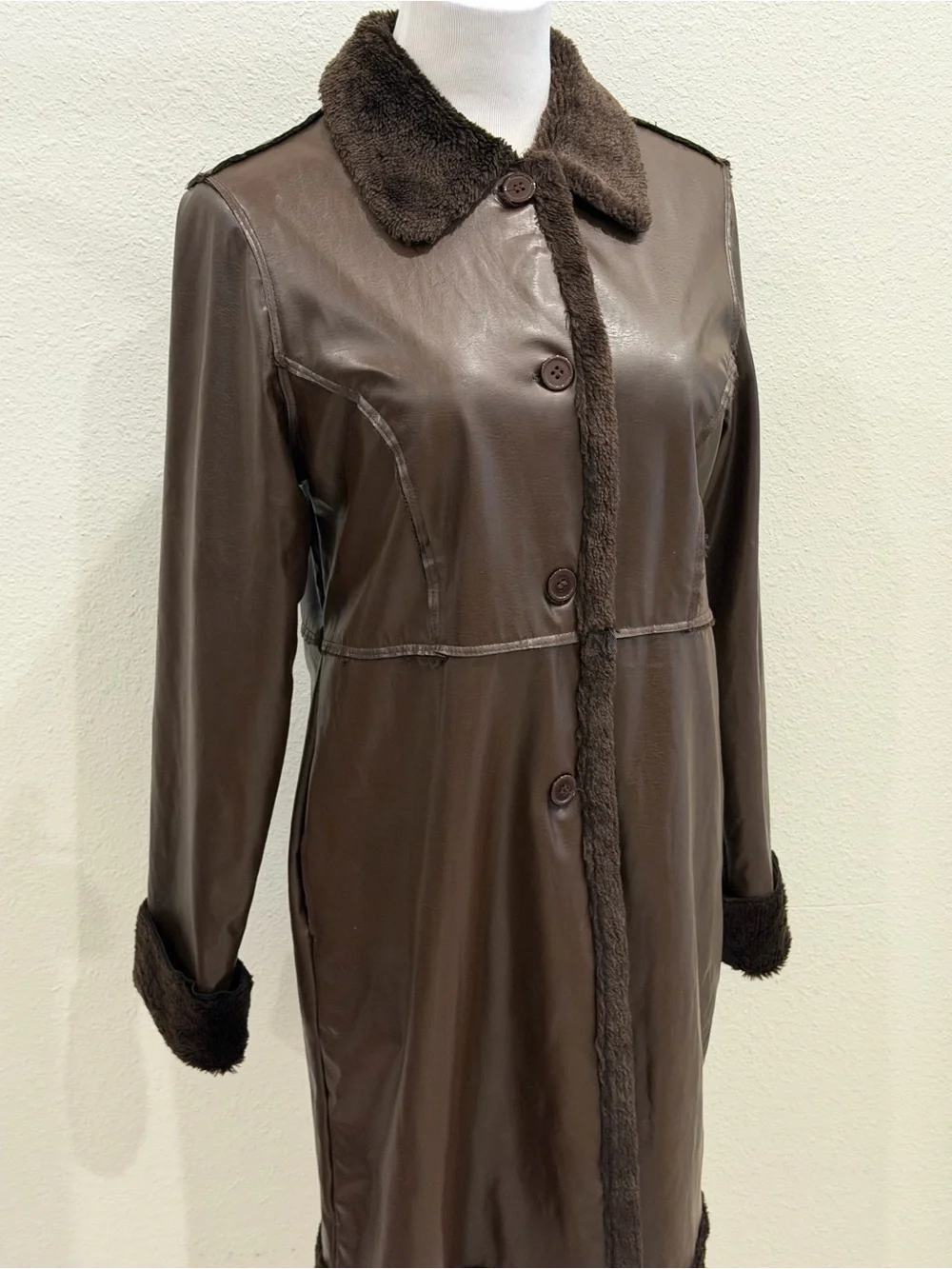 Outer Edge Y2K Brown Faux Leather Faux Fur Trim Trench Coat Large Jacket Grunge